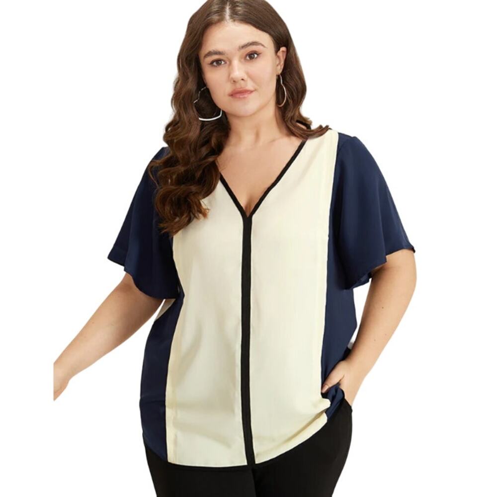 BloomChic Contrast Patchwork V Neck Ruffle Sleeve… - image 1